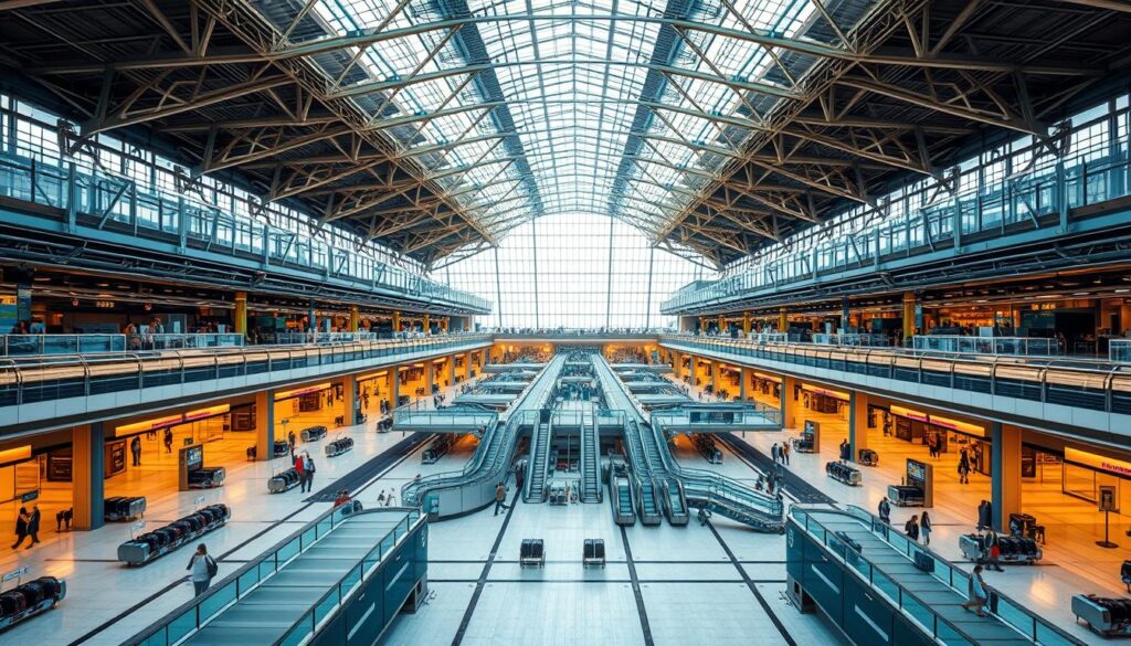 A vast, meticulously detailed airport terminal, with an abundance of architectural features and infrastructure components. In the foreground, sleek security checkpoints, luggage carousels, and boarding gates are illuminated by warm, diffused lighting. The middle ground showcases the intricate network of passenger walkways, escalators, and elevators, leading to the expansive departure lounges. In the background, the towering steel-framed glass atrium soars overhead, allowing natural light to filter in and create a sense of openness and connectivity. The overall atmosphere is one of efficiency, modernity, and a seamless travel experience.