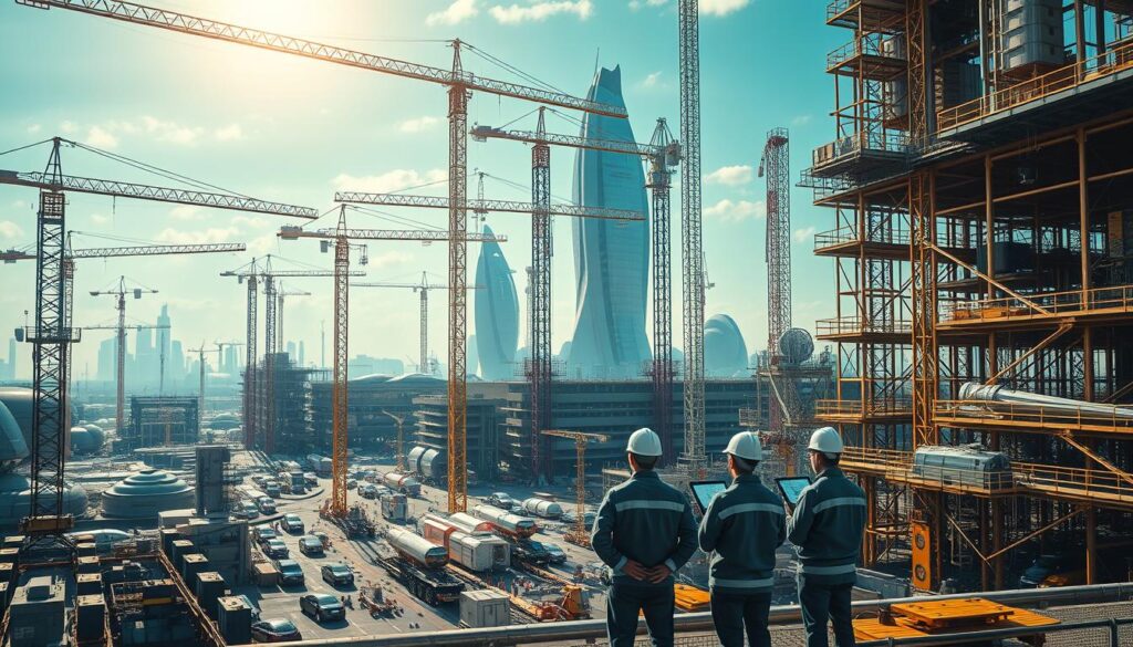 A vast, modern construction site bustling with activity. Towering cranes, intricate scaffolding, and sleek, high-tech machinery dot the landscape. Amidst the chaos, engineers consult digital blueprints on their tablets, coordinating complex projects with precision. The scene is bathed in warm, golden light, casting long shadows and highlighting the interplay of technology and human ingenuity. In the background, a gleaming, futuristic building rises, a testament to the power of civil engineering and the seamless integration of cutting-edge tools.