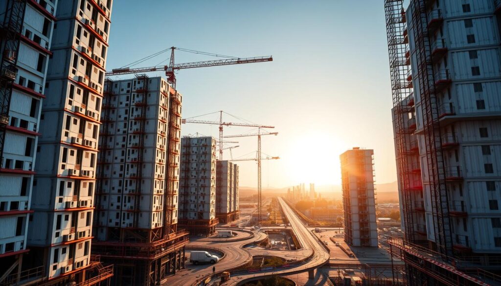 A vast, modern construction site with towering modular structures in the foreground, their sleek, interlocking panels gleaming in the warm afternoon sunlight. In the middle ground, cranes gracefully hoist prefabricated components into place, while in the background, a network of roads and scaffolding supports the ongoing assembly. The scene conveys a sense of efficiency, innovation, and a harmonious blend of precision engineering and environmental consciousness. A wide-angle lens captures the scope and scale of this modular construction project, showcasing the future of sustainable, adaptable architecture.