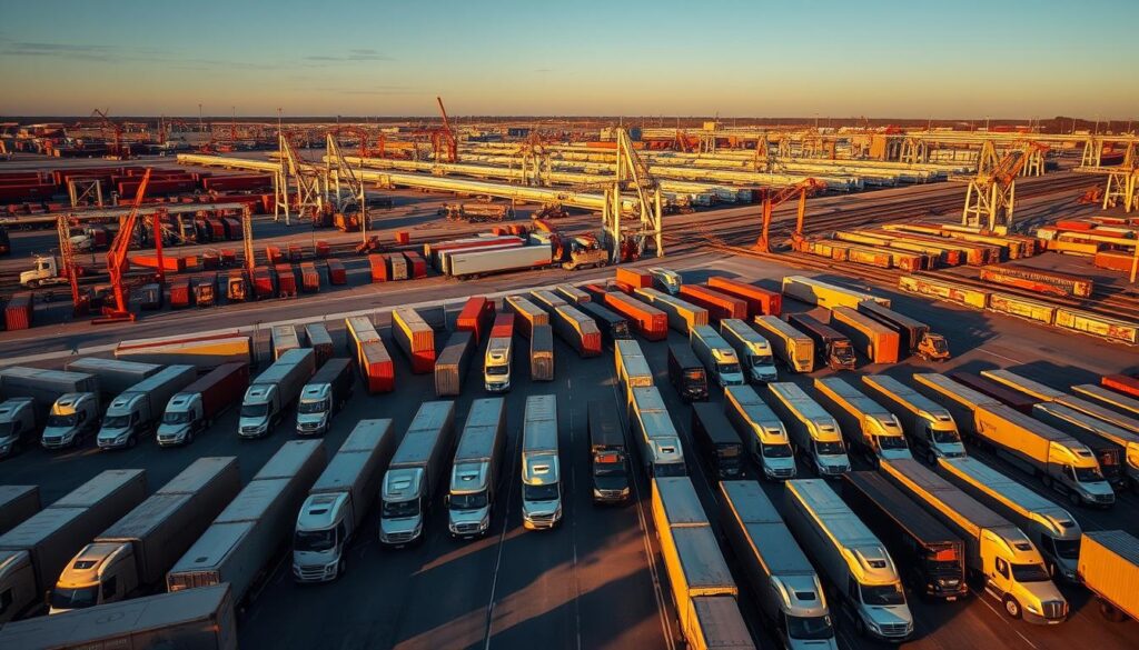 A vast, modern freight terminal bustles with activity. In the foreground, a fleet of semi-trucks and cargo containers are meticulously arranged, their sleek, industrial forms casting long shadows under a dramatic, golden-hour lighting. In the middle ground, cranes and forklifts deftly maneuver freight, while in the background, a complex network of railway tracks and intermodal facilities seamlessly integrate different modes of transportation. The scene conveys a sense of efficiency, innovation, and the collective effort required to keep global supply chains moving. The overall composition suggests a well-orchestrated system of freight transport engineering at its finest.