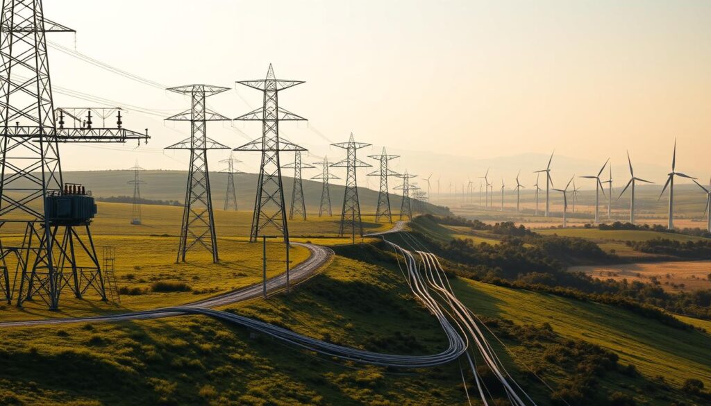 A vast network of efficient energy transmission lines stretches across a verdant landscape, transporting power from towering wind turbines to distant cities. The foreground features high-voltage pylons and transformers, their intricate lattices casting dramatic shadows. In the middle ground, sleek underground cables seamlessly integrate with the terrain, while in the background, the graceful curves of wind farm turbines dot the horizon, their blades gently turning in the breeze. The scene is bathed in a warm, golden light, conveying a sense of harmony between technology and nature. The overall composition emphasizes the efficiency and reliability of this power distribution system, a vital component in the transition to renewable energy.