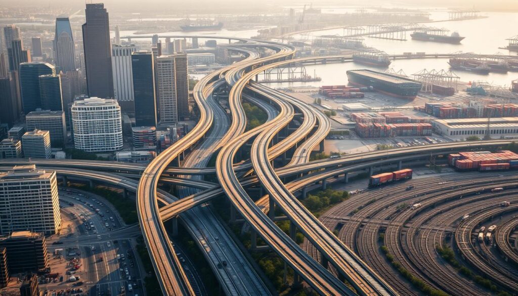 A vast network of highways, bridges, and railways winding through a bustling cityscape. Towering skyscrapers and bustling traffic in the foreground, while in the background, freight trains chug along steel tracks and massive container ships dock at a busy port. Soft, warm lighting illuminates the scene, casting long shadows and adding depth and texture. The image conveys a sense of scale, complexity, and the essential role that transportation infrastructure plays in the lifeblood of the United States, powering its economy and connecting its communities.