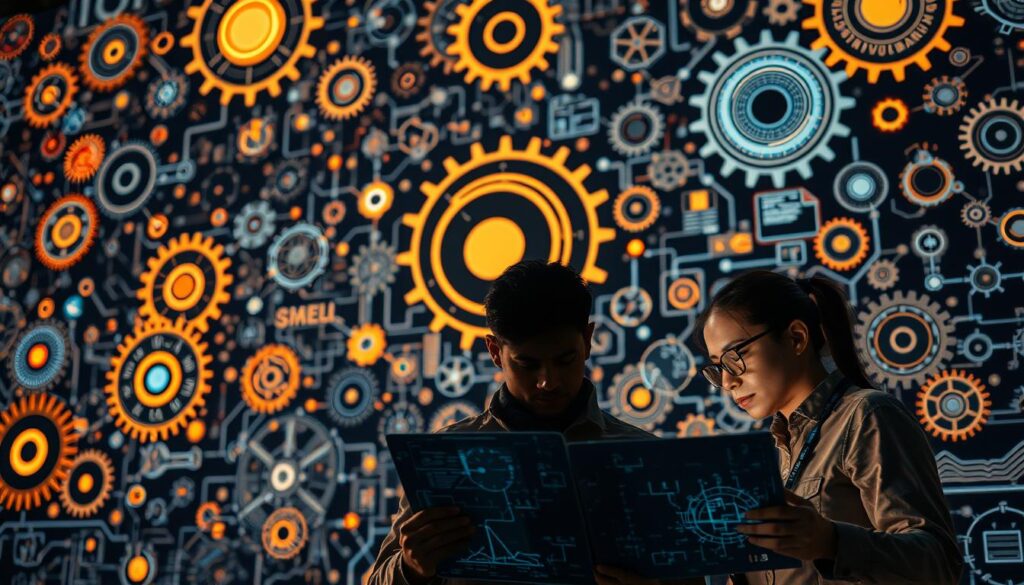 A vast network of interconnected gears, cogs, and technical diagrams form the backdrop, representing the complex web of global engineering standards. In the foreground, a group of engineers collaboratively examining technical schematics, their faces illuminated by the warm glow of holographic displays. The scene is captured with a cinematic wide-angle lens, conveying a sense of scale and the collaborative nature of navigating these global standards. The overall mood is one of focused, purposeful exploration, with a touch of futuristic wonder, as the engineers work to reconcile design challenges across international boundaries.