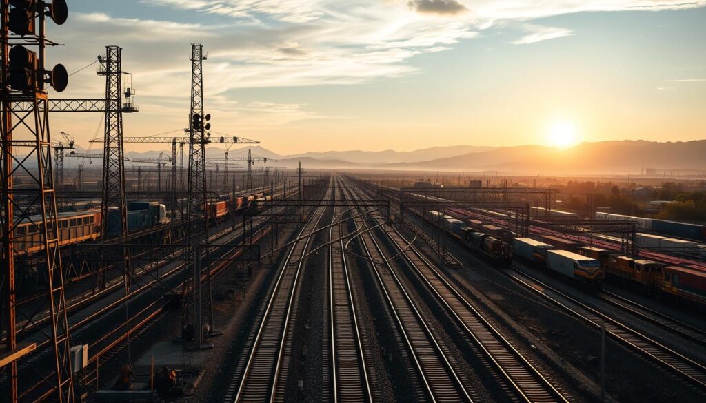 A vast network of steel rails stretches across a rugged, industrial landscape. In the foreground, towering signal towers and switch junctions guide the flow of cargo and passenger trains. The middle ground features a bustling rail yard, with cranes hoisting freight containers and locomotives idling on the tracks. In the background, a panoramic view of rolling hills and distant mountains is illuminated by the warm glow of the setting sun, casting long shadows across the scene. The atmosphere conveys a sense of scale, complexity, and the engineering challenges inherent in maintaining and expanding this vital transportation infrastructure.