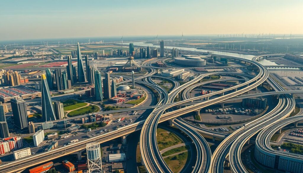 A vast panoramic vista of global infrastructure development unfolds before us. In the foreground, towering skyscrapers and sleek modern bridges span across bustling cityscapes. The midground features sprawling transportation networks - high-speed rail lines, highways, and cargo ports, all interconnected and pulsing with activity. In the distant background, a horizon line dotted with wind turbines and solar arrays, harnessing renewable energy to power this integrated web of progress. Dramatic low-angle lighting casts long shadows, conveying a sense of scale and ambition. The overall composition suggests a harmonious, thriving global ecosystem of infrastructure, technology, and sustainable development.