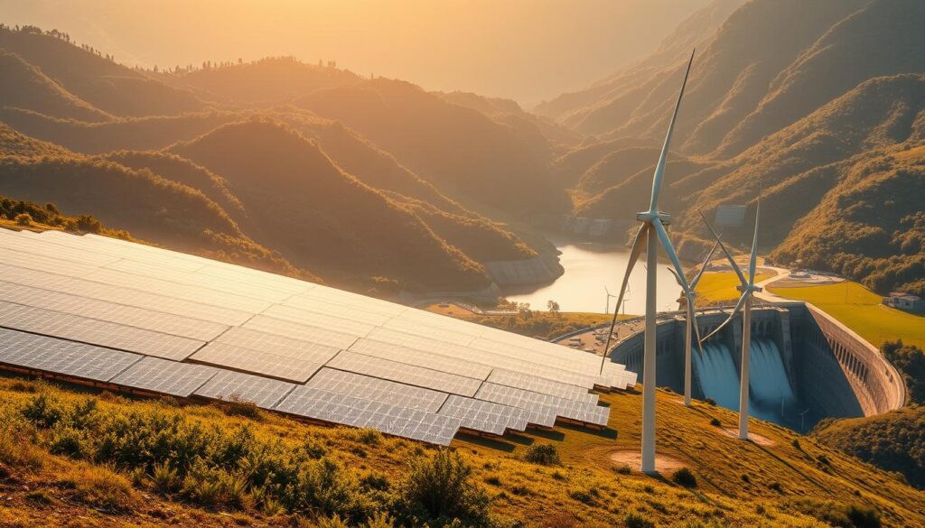 A vast solar array stretches across a rolling hillside, its gleaming panels capturing the sun's radiant energy. In the foreground, a group of wind turbines stand tall, their blades gracefully cutting through the air, harnessing the power of the wind. In the background, a hydroelectric dam sits nestled in a lush, verdant valley, its turbines spinning to generate clean, renewable electricity. The scene is illuminated by a warm, golden light, casting a serene and inspiring atmosphere. This image represents the harmonious integration of traditional knowledge and modern engineering, showcasing the diverse array of renewable energy solutions that are transforming the way we power our world.
