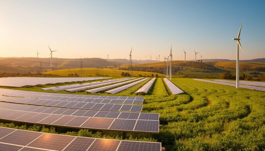 A vast, sprawling solar farm in a lush, verdant landscape. In the foreground, rows of sleek, modern solar panels glisten in the warm, golden sunlight, their surfaces reflecting the sky above. In the middle ground, a network of support structures and power lines weave together, harnessing the sun's energy and distributing it to the grid. Towering wind turbines dot the horizon, their graceful blades spinning in the gentle breeze. The background is filled with rolling hills, dotted with swaying trees and a clear, azure sky, creating a peaceful, harmonious scene of sustainable energy infrastructure blending seamlessly with the natural environment.