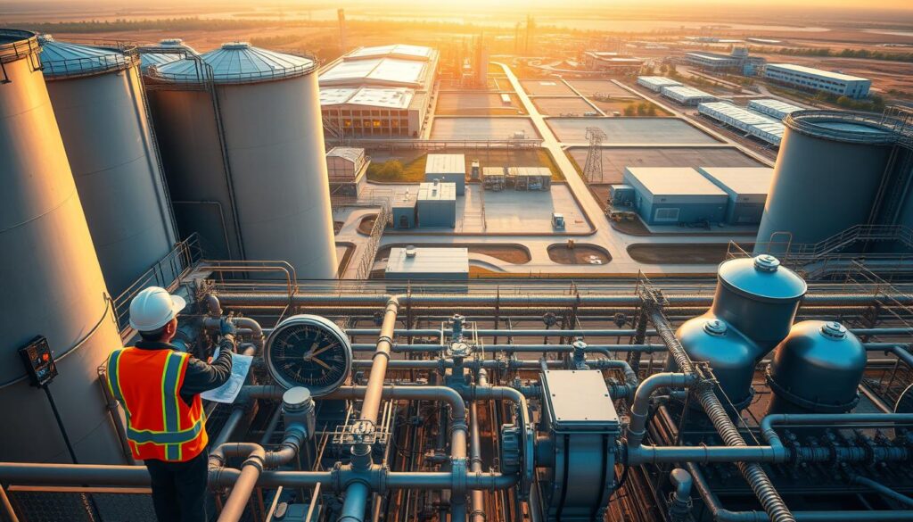 A vast, sprawling water treatment facility, its towering tanks and gleaming pipes bathed in warm, golden light. In the foreground, engineers in hard hats and reflective vests oversee the intricate machinery, consulting schematics and monitoring digital displays. The middle ground features a network of interconnected pipes, valves, and control panels, hinting at the complex systems that regulate the water flow. In the background, a panoramic view of the facility's expansive grounds, with carefully manicured landscaping and modern, energy-efficient buildings. The overall scene conveys a sense of technological sophistication, efficiency, and a commitment to international standards of water management and capacity enhancement.
