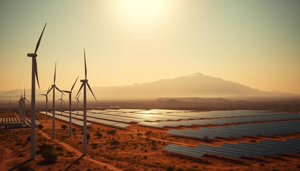 A vast, sun-drenched landscape in Africa, dotted with an array of renewable energy projects. In the foreground, towering wind turbines stand tall, their blades gently turning in the breeze. In the middle ground, sprawling solar farms stretch out, their sleek panels reflecting the bright, golden light. In the background, a majestic mountain range rises, its peaks capped with snow. The scene is bathed in warm, vibrant hues, conveying a sense of progress and innovation. The image is captured through a wide-angle lens, allowing the viewer to take in the full scope of the transformative renewable energy projects that are reshaping the African continent.