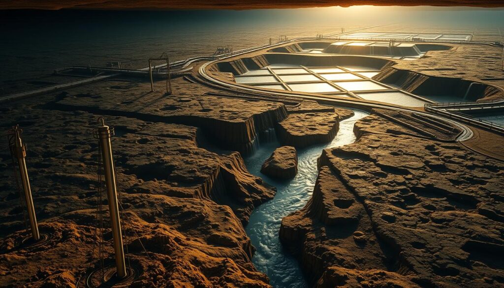 A vast underground landscape, a labyrinth of aquifers and channels. In the foreground, a series of injection wells, their metallic forms standing tall against a dimly lit backdrop. Midground, water flows through a network of pipes and channels, converging at a central distribution point. In the distance, a series of recharge basins, their surfaces glistening under the warm glow of the sun, slowly absorbing the precious liquid into the earth's depths. The scene is bathed in a soft, almost ethereal light, conveying a sense of harmony and balance between the engineered systems and the natural world. Technical details abound, from the intricate piping to the strategically placed monitoring equipment, all working in concert to manage this vital resource.
