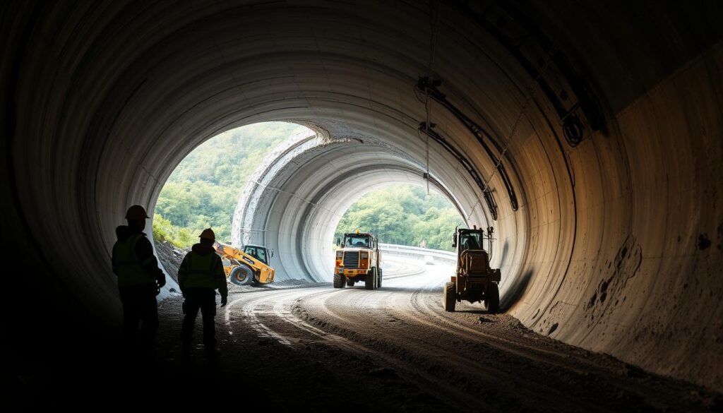 A vast underground tunnel, illuminated by soft, natural lighting that filters in from the surface. In the foreground, construction workers in reflective gear carefully inspect the tunnel walls, assessing the environmental impact of their work. In the middle ground, specialized machinery and equipment are positioned, highlighting the technological advancements that enable efficient and eco-friendly tunnel construction. The background reveals a lush, verdant landscape, symbolizing the careful balance between infrastructure and environmental preservation. The scene conveys a sense of harmony and thoughtful consideration for the surrounding ecosystem, as the tunnel project progresses with minimal disruption.