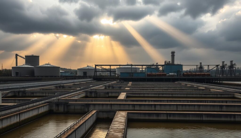 A vast wastewater treatment facility, its towering tanks and pipes silhouetted against a gloomy, overcast sky. In the foreground, a network of concrete channels and sedimentation basins, their surfaces rippling with the flow of murky water. Beams of golden sunlight pierce through the clouds, casting dramatic shadows and illuminating the industrial architecture. The scene conveys the crucial role of wastewater treatment in maintaining environmental health, with a sense of scale and technical complexity befitting the "Importance of Wastewater Treatment" section of the article.