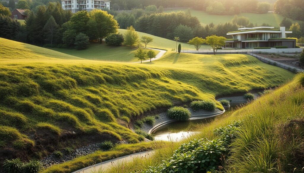A verdant landscape with gently sloping terrain, where a well-designed sustainable drainage system takes center stage. In the foreground, permeable pavement and bioswales seamlessly integrate into the natural environment, facilitating the efficient capture and filtration of rainwater. The midground features lush, native vegetation that thrives in the strategically placed retention ponds, effectively managing stormwater runoff. In the background, a modern residential or commercial building blends harmoniously with the surrounding landscape, its rooftop adorned with green infrastructure like rain gardens and living walls. The scene is bathed in warm, diffused sunlight, conveying a sense of environmental harmony and responsible water management.