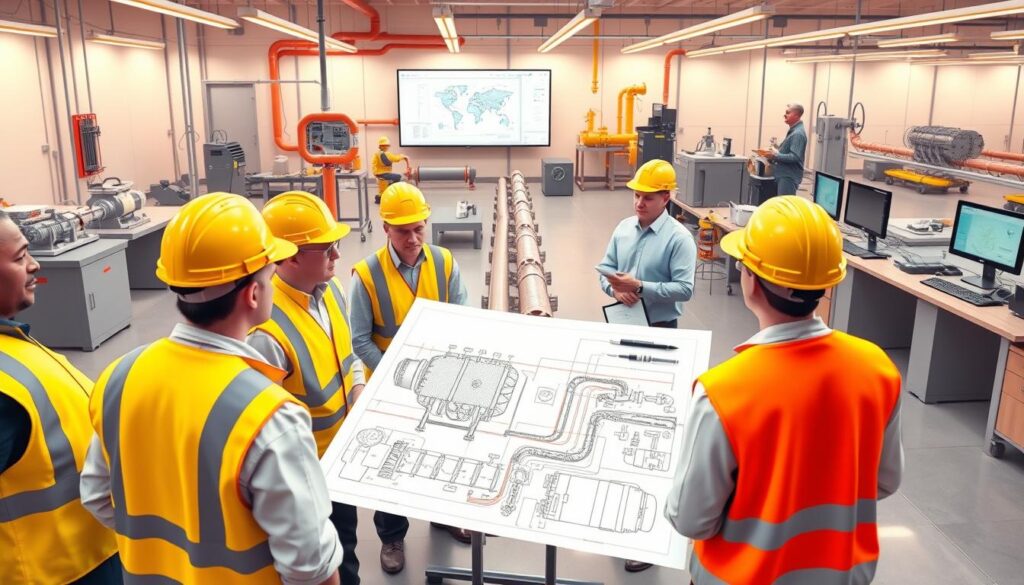 A vibrant 3D illustration depicting pipeline engineering education. In the foreground, a group of students wearing hard hats and safety vests, clustered around a detailed schematic of a pipeline system, discussing and analyzing the design. In the middle ground, an instructor uses a touchscreen display to explain various engineering principles and calculations. The background showcases a modern, well-equipped engineering laboratory with intricate pipeline models, hydraulic testing equipment, and computer workstations. Warm, directional lighting illuminates the scene, creating a sense of focus and educational energy. The overall composition conveys the hands-on, technical nature of pipeline engineering education, inspiring the next generation of industry professionals.