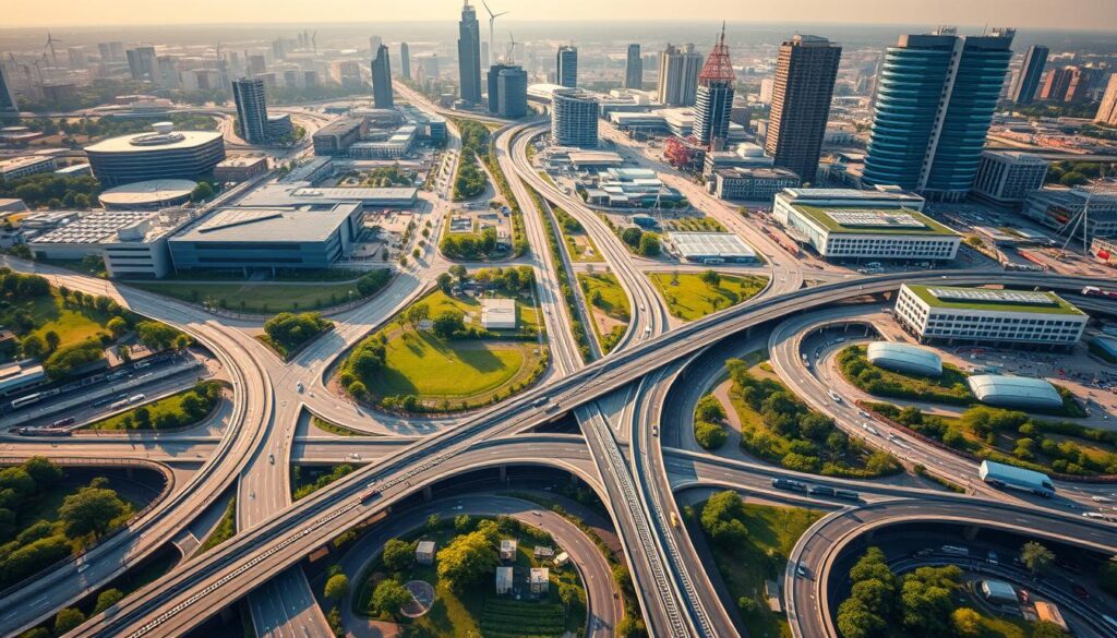 A vibrant aerial view of a city with a central transportation hub, depicting a sustainable asset management plan. In the foreground, a well-maintained network of roads, railways, and pedestrian pathways converge. The middle ground showcases green spaces, renewable energy sources, and efficient public transit systems. In the background, modern high-rise buildings and industrial facilities seamlessly integrate sustainable practices, with solar panels, wind turbines, and green roofs. The scene is illuminated by warm, natural lighting, conveying a sense of harmony between urban development and environmental stewardship. The overall atmosphere reflects a visionary, forward-thinking approach to transportation asset management, prioritizing long-term sustainability and resilience.