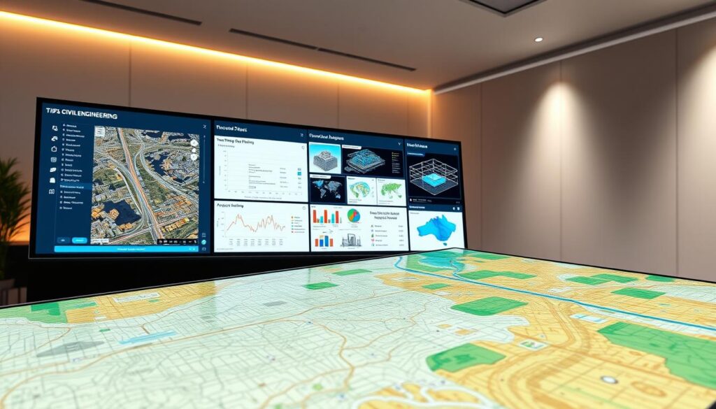 A vibrant and detailed GIS mapping interface displayed on a large modern touchscreen monitor, showcasing various civil engineering tools and data visualization capabilities. In the foreground, a precise topographical map with detailed contours, overlaying satellite imagery and infrastructure layers. In the middle ground, a suite of interactive analytics dashboards and 3D model viewers, highlighting terrain analysis, construction site planning, and transportation network optimization. The background features a sleek, minimalist workspace with subtle ambient lighting, conveying a sense of professionalism and technological innovation for the modern civil engineering practice.