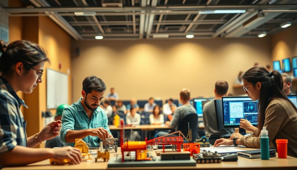 A vibrant and informative scene depicting various civil engineering learning formats. In the foreground, a group of students engaged in hands-on activities with engineering models and prototypes, highlighting the practical nature of their studies. In the middle ground, a lecture hall with attentive students taking notes, showcasing the traditional classroom setting. In the background, a computer lab where individuals work on complex simulations and design software, demonstrating the integration of technology in modern civil engineering education. The lighting is warm and inviting, creating a sense of an active and enriching learning environment. The composition is balanced, with a mix of visual elements that capture the flexibility and diversity of civil engineering learning formats.