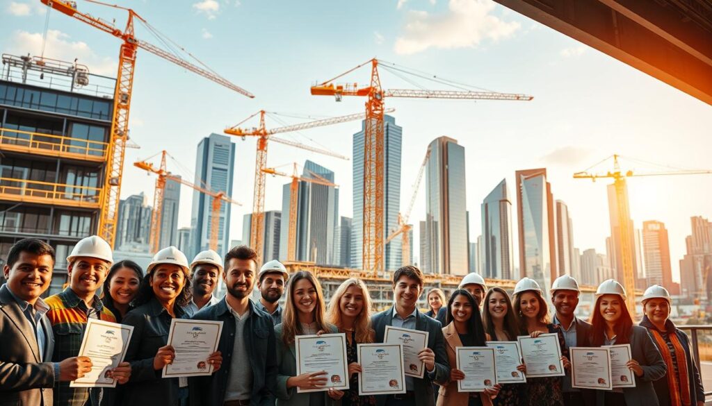 A vibrant and inspiring scene of civil engineering certification success stories. In the foreground, a group of diverse engineers proudly displaying their professional certifications, their faces beaming with accomplishment. In the middle ground, a bustling construction site where their expertise is applied, cranes and scaffolding reaching towards the sky. In the background, a modern cityscape of gleaming skyscrapers, a testament to the transformative power of their work. Warm, golden lighting illuminates the scene, casting a celebratory glow. Captured with a wide-angle lens to convey a sense of scale and achievement. The overall mood is one of pride, professionalism, and the rewarding impact of civil engineering certification.