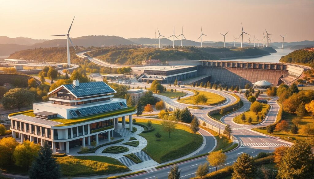 A vibrant, architectural landscape showcasing the harmonious integration of civil engineering and environmental consciousness. In the foreground, a modern, energy-efficient building with solar panels and a green roof nestled amid lush, well-designed landscaping. In the middle ground, a network of pedestrian-friendly pathways and bike lanes, encouraging sustainable transportation. In the background, towering wind turbines and a hydroelectric dam, harnessing renewable energy sources. Warm, diffused lighting illuminates the scene, creating a sense of balance and environmental stewardship. The overall composition conveys a forward-thinking, eco-conscious approach to civil engineering, where human needs and ecological preservation coexist seamlessly.