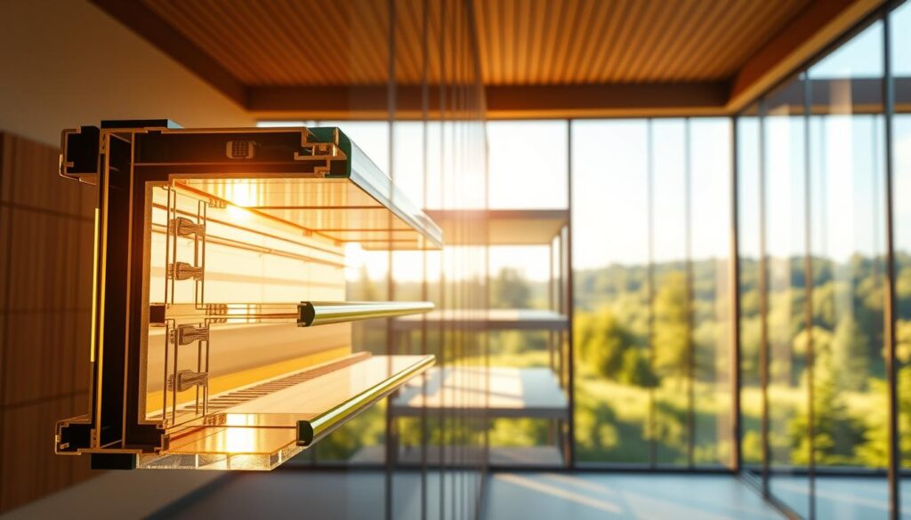 A vibrant, architectural rendering of a sustainable glazing system, bathed in warm, natural light. The foreground features a close-up view of the glazing's intricate layers, showcasing its advanced insulation, energy-efficient coatings, and sleek, minimalist design. The middle ground reveals the glazing's seamless integration into a modern, eco-conscious building, its transparency creating a harmonious dialogue between indoor and outdoor spaces. The background depicts a serene, verdant landscape, hinting at the glazing's role in promoting passive solar heating and natural ventilation. The overall scene conveys a sense of balance, efficiency, and environmental consciousness, embodying the principles of sustainable glazing engineering.