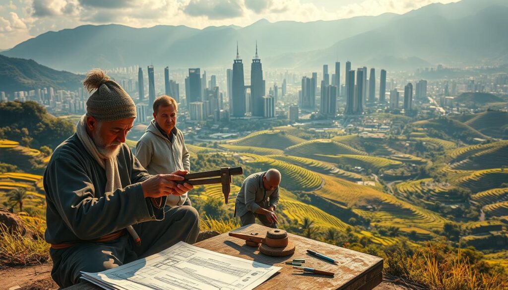 A vibrant blend of ancient wisdom and modern ingenuity. In the foreground, a skilled artisan meticulously crafts a traditional tool, their hands guided by generations of passed-down knowledge. Behind them, engineers pore over schematics, blending time-honored techniques with cutting-edge digital analysis. In the background, a sprawling landscape where the old and new coexist in harmonious synergy - towering skyscrapers stand alongside verdant, terraced fields. Warm, golden light filters through the scene, evoking a sense of timeless collaboration and progress. Cinematic angles capture the fusion of tradition and innovation, showcasing how the integration of ancient know-how and contemporary engineering unlocks new possibilities.