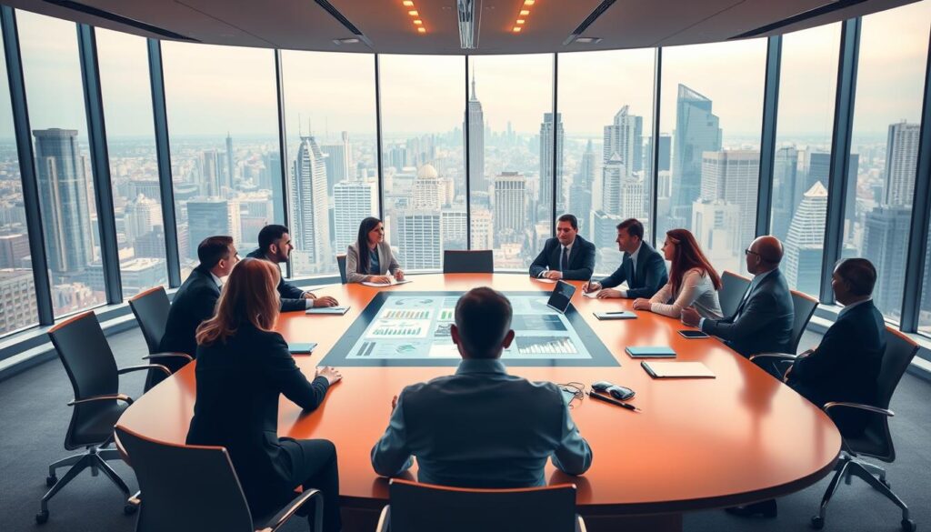 A vibrant boardroom scene depicting a stakeholder engagement meeting. In the foreground, an oval conference table is surrounded by executives in business attire, engaged in lively discussion. Warm, diffused lighting from overhead casts a collaborative atmosphere. In the middle ground, a large interactive touchscreen displays data visualizations, emphasizing the data-driven nature of the discussion. The background features expansive windows overlooking a bustling urban skyline, conveying a sense of professional setting and elevated decision-making. The overall mood is one of productive, high-level collaboration toward shared goals.