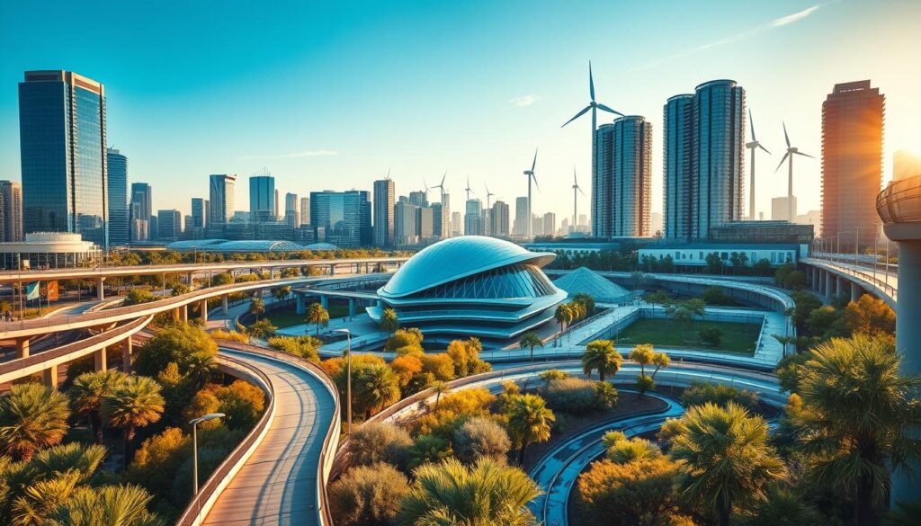 A vibrant cityscape of climate-resilient infrastructure, bathed in warm, golden light. In the foreground, a network of elevated walkways and bike lanes wind through lush, drought-resistant greenery. In the middle ground, a state-of-the-art water treatment facility, its sleek, angular design reflecting the sky. In the background, towering skyscrapers with solar panels and wind turbines, symbolizing a harmonious integration of renewable energy. The scene exudes a sense of innovation, sustainability, and a commitment to adapting to the challenges of a changing climate. Captured through a wide-angle lens, the image conveys a sense of scale, depth, and the seamless integration of resilient design elements.