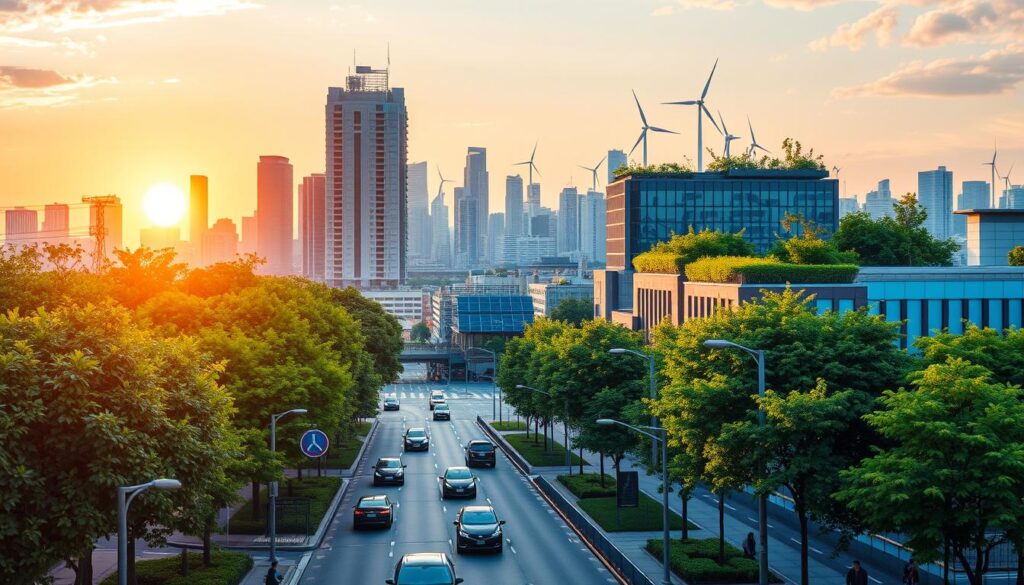 A vibrant cityscape showcasing urban sustainability initiatives. In the foreground, a bustling street with electric vehicles, bike lanes, and pedestrians enjoying the lush, tree-lined environment. In the middle ground, a modern, energy-efficient high-rise building with solar panels and green rooftop gardens. In the background, a skyline of skyscrapers, wind turbines, and a glowing sunset casting a warm, inviting glow over the entire scene. The image conveys a sense of harmony between urbanization and environmentalism, highlighting the potential for innovative engineering solutions to address major challenges in urban development.