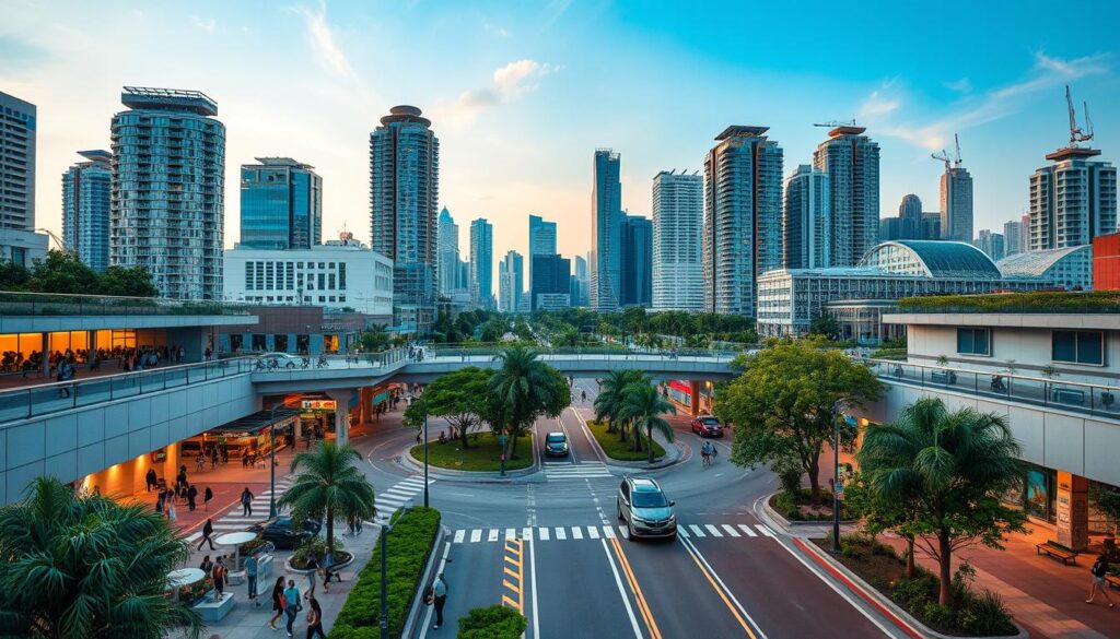 A vibrant cityscape unfolds, showcasing the harmonious integration of urban infrastructure and resilient design. In the foreground, bustling pedestrians navigate well-designed public spaces, with lush greenery and modern architectural elements creating a sense of balance. The middle ground features a network of multi-modal transportation options, from sleek electric vehicles to dedicated bike lanes, reflecting a commitment to sustainable mobility. In the background, towering skyscrapers adorned with solar panels and green roofs stand as symbols of innovative urban planning, harnessing renewable energy and promoting environmental stewardship. Soft, warm lighting casts a welcoming glow, evoking a sense of livability and community resilience.