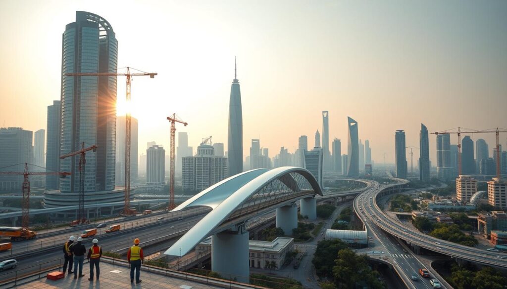 A vibrant cityscape unfolds, where towering skyscrapers seamlessly integrate with state-of-the-art infrastructure. In the foreground, a team of civil engineers oversee the construction of a sleek, modern bridge, its graceful arches mirroring the flow of traffic below. Cranes and construction equipment dot the landscape, symbolizing the dynamic progress of the smart city development. In the middle ground, a network of smart sensors and digital interfaces monitor traffic patterns, energy consumption, and environmental data, feeding into a centralized command center. The background is alive with the hustle and bustle of a thriving community, where autonomous vehicles navigate intelligent roadways and renewable energy sources power the grid. Warm, soft lighting illuminates the scene, casting a sense of innovation and optimism over the entire landscape.