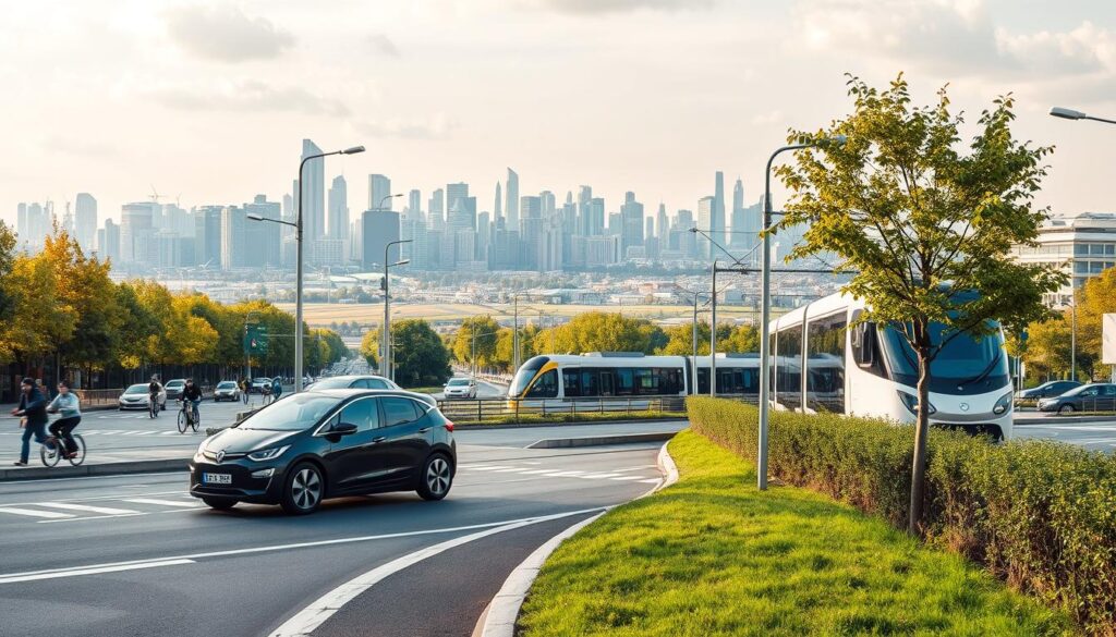 A vibrant cityscape with a focus on sustainable transportation options. In the foreground, a sleek electric vehicle glides silently along a dedicated bike lane, while cyclists and pedestrians share the well-designed, tree-lined boulevards. In the middle ground, a modern light rail system cuts through the urban landscape, its streamlined carriages powered by renewable energy. In the background, a panoramic view of the city skyline, with towering green-roofed buildings and renewable energy installations blending seamlessly into the horizon. The scene is bathed in warm, natural lighting, creating a sense of environmental harmony and progress. The overall mood is one of clean, efficient, and eco-friendly urban mobility.
