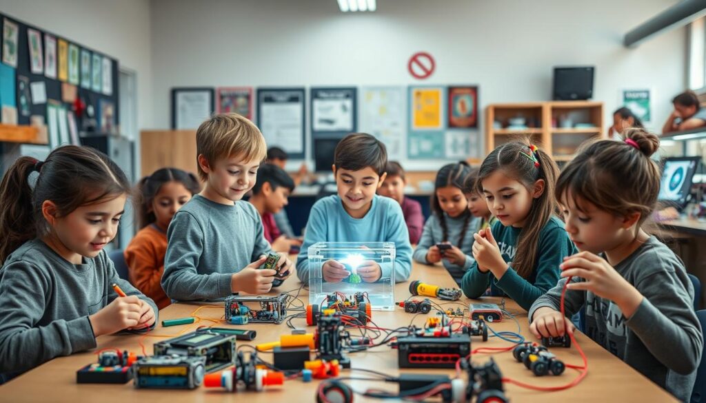 A vibrant classroom scene, filled with engaged students exploring hands-on STEM activities. In the foreground, a group of young learners tinker with robotics kits, their faces alight with curiosity. In the middle ground, others experiment with 3D printing and circuit-building, guided by an enthusiastic teacher. The background reveals a well-equipped laboratory, complete with scientific posters and cutting-edge technology. Soft, diffused lighting creates a warm, inviting atmosphere, and the composition emphasizes the collaborative, dynamic nature of modern STEM education initiatives.