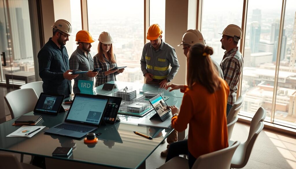 A vibrant collaboration workspace for civil engineering teams, bathed in warm, natural lighting. In the foreground, an array of digital tablets, CAD software, and project management tools are neatly arranged on a sleek, glass-topped conference table. In the middle ground, engineers in hard hats huddle around a 3D model of a construction site, gesturing animatedly as they discuss design revisions. The background features a panoramic view of a bustling cityscape, hinting at the grand scale of their ongoing projects. The overall atmosphere conveys a sense of productivity, innovation, and camaraderie as the team harnesses the power of cutting-edge collaboration technologies.