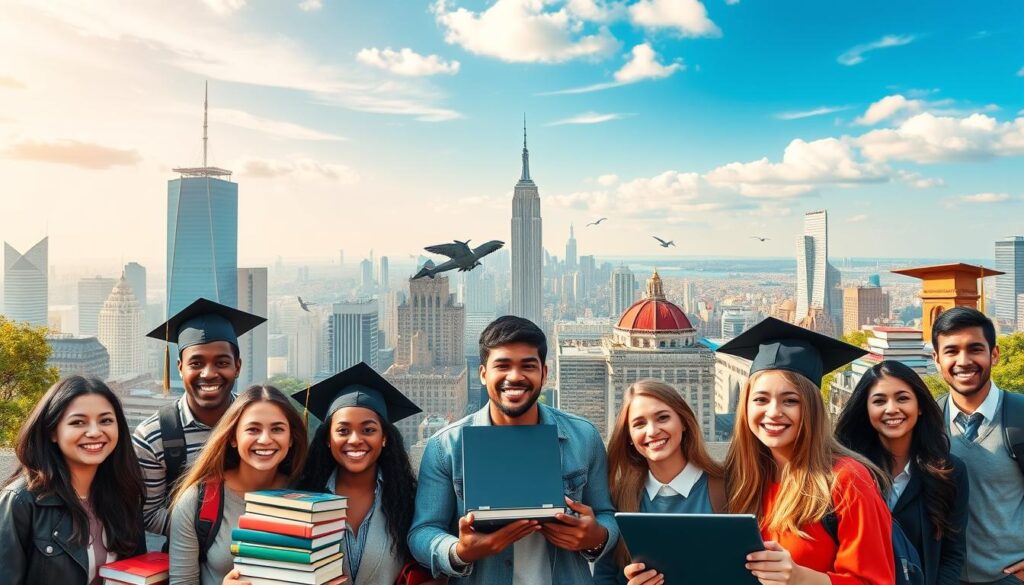 A vibrant collage showcasing diverse scholarship opportunities for international students in the United States. In the foreground, a group of smiling students from various cultural backgrounds, representing the inclusive nature of these academic programs. The middle ground features stacks of books, graduation caps, and a laptop, symbolizing the educational focus. In the background, a sweeping vista of the iconic American landscape, with skyscrapers, bridges, and landmarks, conveying the breadth of opportunities available across the country. The lighting is warm and inviting, creating a sense of optimism and possibility. Captured with a wide-angle lens to encompass the entire scene, this image aims to inspire and inform international students seeking financial support for their studies in the US.