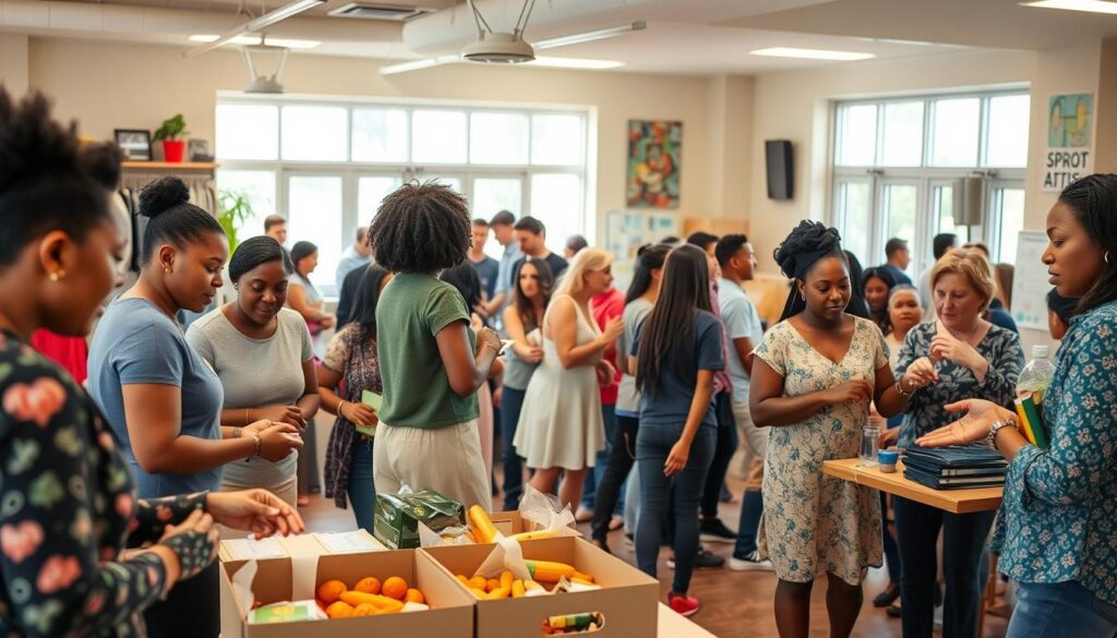 A vibrant community center bustling with diverse individuals engaged in various support initiatives. In the foreground, a group of volunteers enthusiastically organizing food drives, clothing exchanges, and educational workshops. In the middle ground, people of all ages participate in lively discussions, sharing experiences and offering guidance. The background features a warm, inviting space with natural light filtering through large windows, conveying a sense of openness and inclusivity. The overall mood is one of collaboration, empowerment, and a shared commitment to uplift the local community.