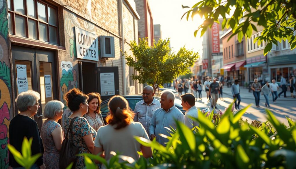 A vibrant community center, its facade adorned with murals celebrating local culture and heritage. In the foreground, a group of diverse residents gather, discussing funding opportunities for their latest engineering project - a solar-powered community garden. Warm afternoon sunlight filters through the windows, casting a soft glow over the scene. In the background, a bustling street with pedestrians and local businesses, reflecting the vibrant energy of the neighborhood. The composition is framed by lush greenery, hinting at the sustainable vision driving the community's engineering initiatives.