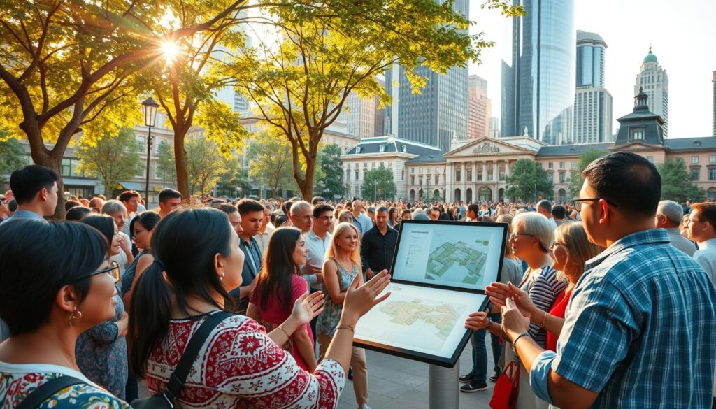 A vibrant community gathering in a bustling city square, citizens of diverse backgrounds engaged in lively discussions around urban development plans. In the foreground, a group of residents gesticulating animatedly, their faces lit by the warm glow of afternoon sunlight filtering through the trees. In the middle ground, city planners presenting design proposals on large touchscreens, surrounded by an attentive audience offering constructive feedback. In the background, towering skyscrapers and historic buildings form a striking architectural contrast, symbolizing the dynamic interplay between modern progress and preservation of local character. The scene conveys a sense of active collaboration, open communication, and a shared commitment to shaping the future of the community.