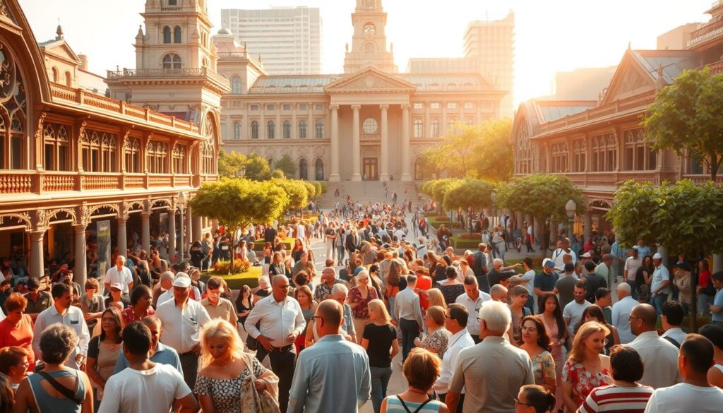A vibrant community gathering in a bustling public square, bathed in warm, golden light. In the foreground, diverse residents engage in lively discussions, sharing ideas and collaborating on local improvement projects. Intricate architectural details and carefully landscaped greenery create a visually harmonious backdrop, symbolizing the balanced, ethical design principles of civil engineering. Amidst the activity, a towering, iconic civic structure stands as a beacon, representing the community's shared vision and commitment to progress. The overall scene conveys a sense of unity, inclusivity, and a profound respect for the inherent dignity of all people.