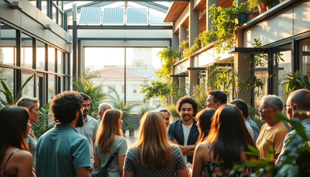 A vibrant community gathering in a newly constructed green building, its large windows and solar panels reflecting the warm afternoon sunlight. In the foreground, a group of diverse individuals engaged in lively discussion, their expressions animated as they exchange ideas about sustainable living. The middle ground reveals an open-air atrium, lush with potted plants and natural materials, creating a serene and inviting atmosphere. In the background, the building's modern architecture blends seamlessly with the surrounding neighborhood, signaling its integration with the local community. Soft, diffused lighting illuminates the scene, capturing the sense of collaboration and environmentally conscious ethos.