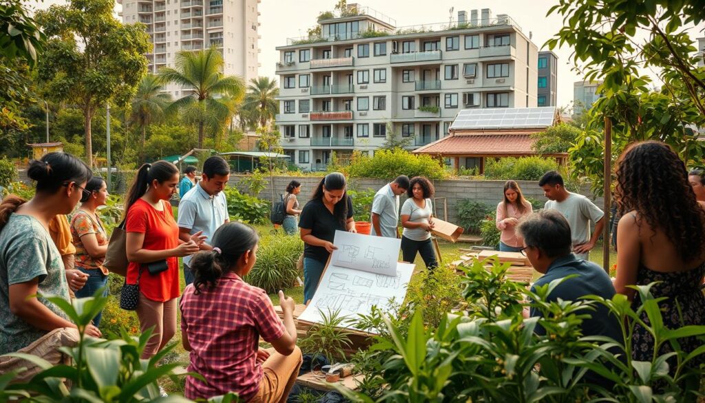 A vibrant community gathering in a verdant urban garden, where residents of all ages come together to design and build a sustainable green structure. In the foreground, a group collaborates on architectural sketches, discussing energy-efficient features. The middle ground showcases the construction process, with locals wielding tools and hauling recycled materials. In the background, a modern apartment complex stands, its rooftop garden and solar panels visible. Soft, warm lighting illuminates the scene, conveying a sense of pride and shared purpose as the community works to transform their neighborhood with eco-friendly innovation.