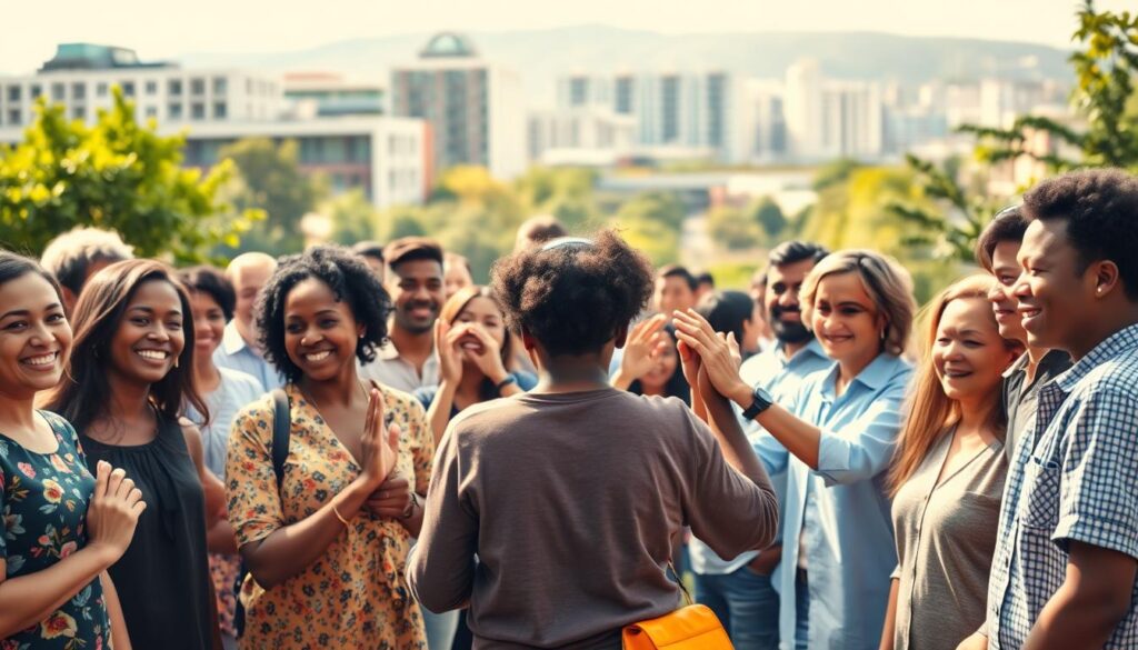 A vibrant community gathering, individuals of diverse backgrounds standing united, hands clasped in a symbolic gesture of empowerment. In the foreground, a group of people from various ages and ethnicities, their expressions radiating joy and determination. The middle ground features a central gathering space, a lively hub of activity where people engage in thoughtful discussions and collaborative problem-solving. In the background, a cityscape of modern architecture and lush greenery, symbolizing the integration of civil engineering and social change. The scene is illuminated by warm, natural lighting, creating a sense of inclusivity and togetherness. The overall atmosphere conveys a harmonious vision of a community empowered to transform their surroundings through collective action.