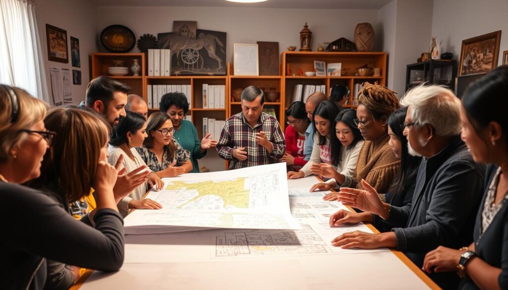 A vibrant community gathering, with diverse residents engaged in a lively planning discussion. In the foreground, a group of people from different backgrounds - young and old, various ethnicities - gathered around a large table, gesturing animatedly as they examine plans and sketches. Warm, diffused lighting casts a soft glow, creating an atmosphere of collaborative creativity. In the middle ground, a facilitator stands, guiding the conversation, while in the background, shelves of reference materials and cultural artifacts suggest the integration of local heritage. The overall scene conveys a sense of inclusive, grassroots participation in shaping the future of the neighborhood.