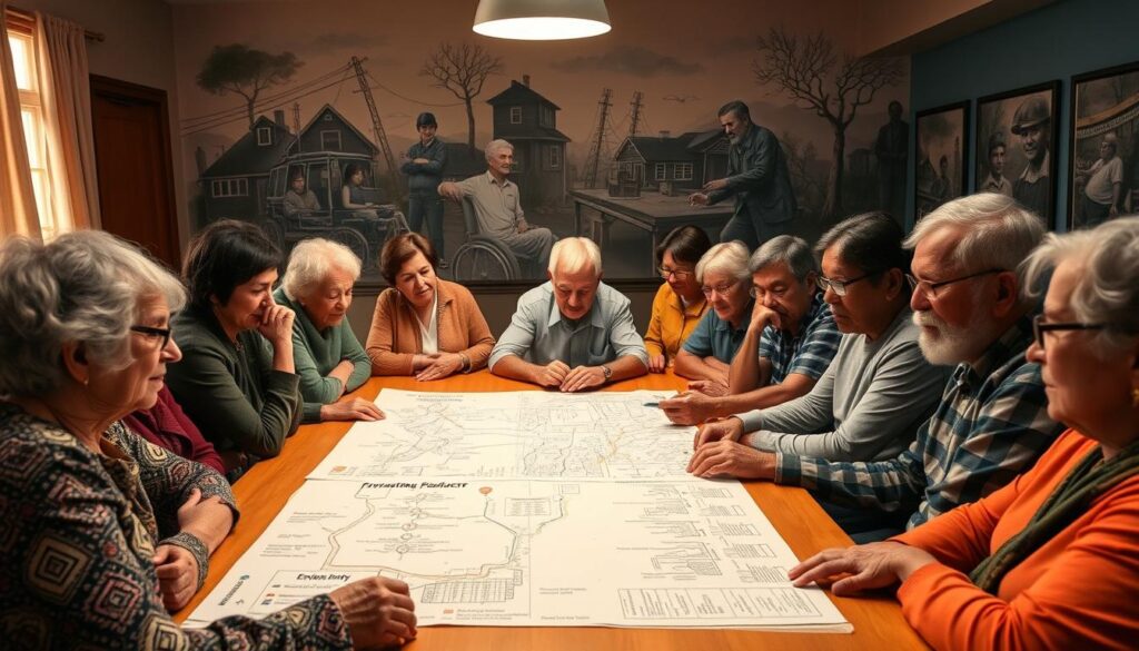 A vibrant community meeting, with local residents gathered around a large table, carefully examining disaster preparedness plans. Warm lighting casts a soft glow, highlighting the focused expressions and collaborative spirit. In the foreground, a diverse group of individuals - elderly, youth, and people with disabilities - engage in animated discussions, offering their unique perspectives. The middle ground features detailed maps and diagrams, pinpointing potential evacuation routes and emergency supply stations. In the background, a mural depicting past disaster events serves as a somber reminder, while also inspiring a sense of resilience and community unity. A wide-angle lens captures the inclusive, solution-oriented atmosphere, as the community works together to safeguard their shared future.