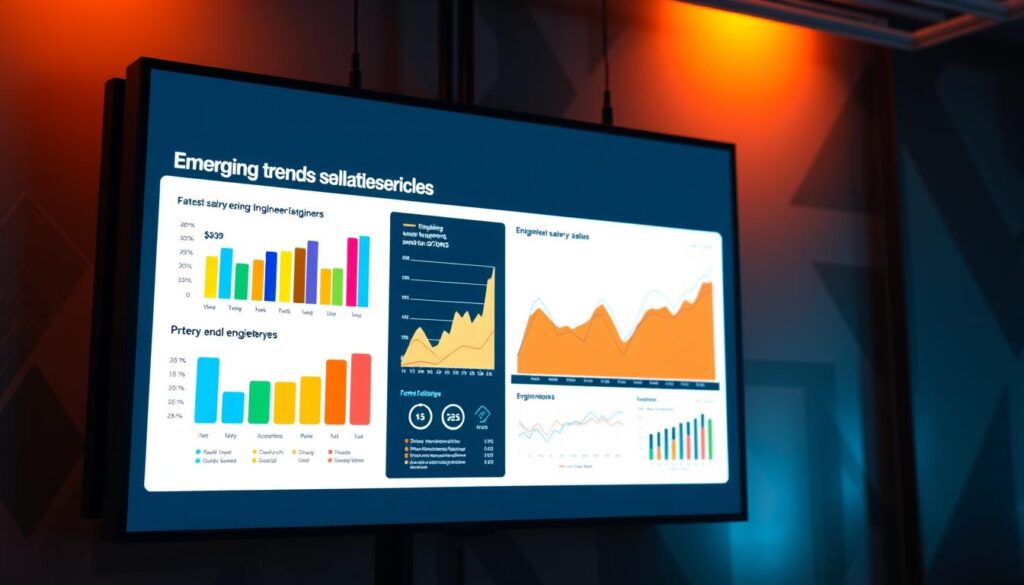 A vibrant data visualization showcasing emerging trends in engineering salaries. A sleek, modern infographic displayed on a large digital screen, illuminated by warm, directional lighting. In the foreground, colorful bar graphs and line charts depict the latest salary data for various engineering disciplines, with dynamic data visualizations capturing the viewer's attention. The middle ground features minimalist icons and infographic elements, providing context and highlighting key insights. The background subtly fades into an abstract, geometric pattern, creating a sense of depth and sophistication. The overall composition conveys a professional, data-driven exploration of the evolving engineering job market and compensation landscape.