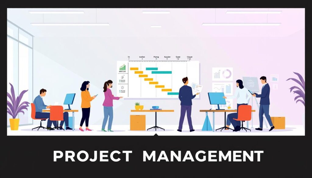 A vibrant, detailed illustration of the project lifecycle phases. In the foreground, a team of professionals diligently work through the initiation, planning, execution, monitoring, and closure stages, depicted with clear visual cues. In the middle ground, a Gantt chart and other project management tools provide context. The background showcases a modern, minimalist office setting with clean lines, natural lighting, and a sense of workflow and productivity. The overall mood is one of organization, efficiency, and collaborative problem-solving, capturing the essence of mastering infrastructure project management.