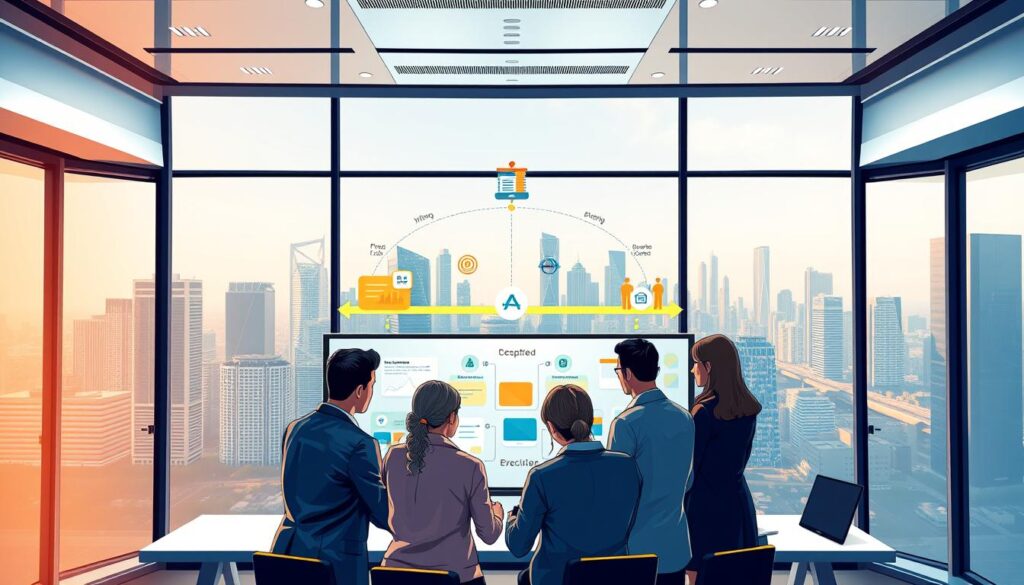 A vibrant, detailed illustration of the project management lifecycle. A sleek, modern office setting with a central control panel featuring interconnected icons and timelines. In the foreground, a team collaborating around a digital whiteboard, their expressions focused and determined. The middle ground showcases various stages of the project lifecycle - initiation, planning, execution, monitoring, and closure - represented by dynamic icons and infographics. The background depicts a cityscape of gleaming skyscrapers, hinting at the broader context and scope of the project. Warm, directional lighting casts a sense of energy and productivity, while a clean, minimalist aesthetic conveys professionalism and efficiency.
