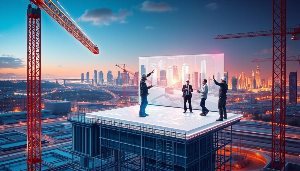 A vibrant digital landscape where AI and civil engineering converge. In the foreground, a computer-generated model of a construction site, with cranes and scaffolding seamlessly integrated. In the middle ground, a team of engineers collaborating on a virtual 3D model, gesturing and discussing plans projected on a holographic display. The background reveals a city skyline, with sleek, sustainable buildings and infrastructure, all powered by AI-driven design and optimization. Warm, diffused lighting casts a futuristic glow, highlighting the synergy between technology and the built environment. A scene that exemplifies how AI is transforming communication and collaboration in civil engineering projects.