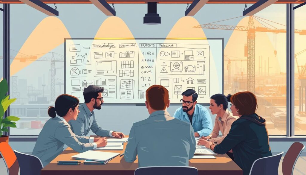 A vibrant, dynamic illustration of project communication strategies for civil engineering. In the foreground, a team of engineers and project managers collaborate around a large table, their faces animated as they discuss plans and ideas. The middle ground features a wall-mounted whiteboard covered in diagrams, sketches, and detailed notes, capturing the flow of information and decision-making. In the background, a panoramic view of a construction site, with cranes, scaffolding, and bustling activity, conveying the real-world context and high-stakes nature of the project. The scene is illuminated by warm, directional lighting, casting shadows and highlights that emphasize the collaborative energy and sense of progress. The overall atmosphere is one of focused intensity, with a touch of optimism and determination.