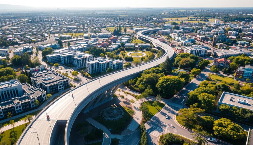 A vibrant earthquake-resilient community, nestled amidst lush greenery and modern architectural marvels. In the foreground, a network of interconnected walkways and plazas, designed to prioritize pedestrian safety and promote social interaction. The middle ground features a mix of residential and commercial buildings, their sturdy frames and reinforced foundations engineered to withstand seismic forces. In the background, a sprawling urban landscape dotted with parks, public gardens, and strategically placed emergency facilities, all seamlessly integrated to create a harmonious and resilient environment. Warm sunlight filters through the scene, casting a sense of optimism and community resilience.
