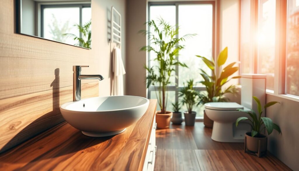 A vibrant, eco-friendly bathroom showcasing a sleek, modern sink with a streamlined faucet made of brushed nickel. The sink is set upon a vanity crafted from reclaimed wood, its natural grain and warm tones complementing the elegant, energy-efficient LED lighting. In the background, a low-flow, dual-flush toilet stands atop a bamboo-tile floor, surrounded by lush, potted plants that purify the air. The scene is bathed in soft, diffused natural light streaming through large windows, conveying a serene, sustainable ambiance.